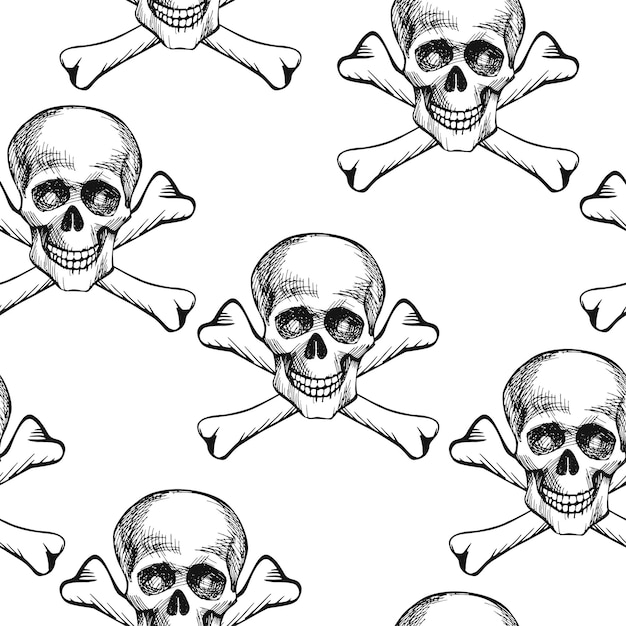 Cráneo humano con tibias cruzadas símbolo de peligro muerte piratas jolly roger vector patrón sin costuras