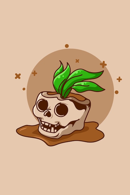 Cráneo con ilustración de dibujos animados de plantas