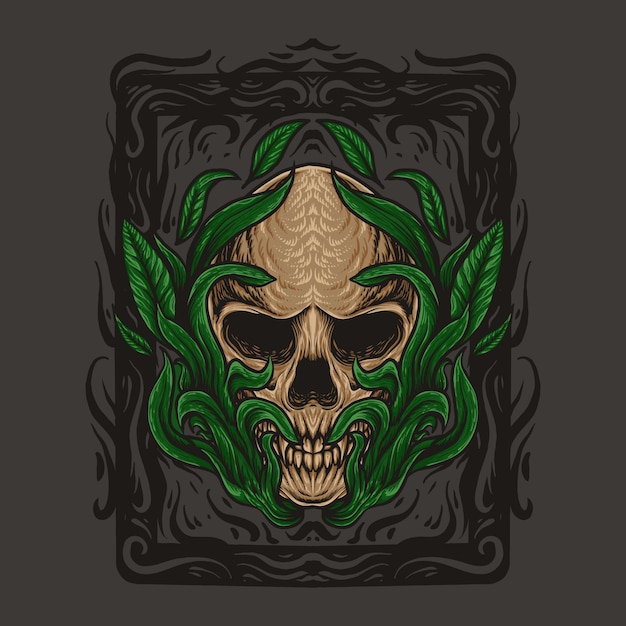 cráneo con ilustración de diseño de adorno de hoja