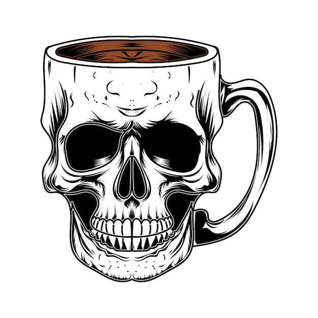 cráneo con ilustración de taza de café en blanco y negro sobre fondo blanco