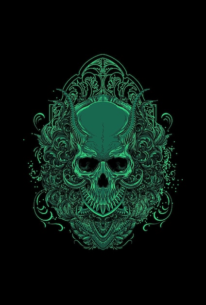 Cráneo con ilustración de vector de cuerno y ornamento