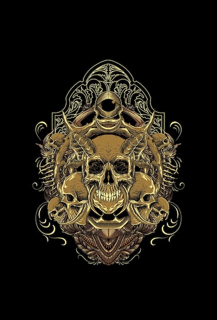Cráneo con ilustración de vector de cuerno y ornamento