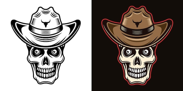 Cráneo en la ilustración de vector de sombrero de vaquero en dos estilos negro sobre blanco y colorido sobre fondo oscuro