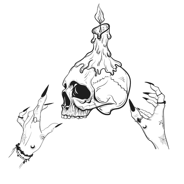 Cráneo de ilustración vectorial con manos de bruja misticismo fondo blanco Estampados hechos a mano en tatuajes de camisetas