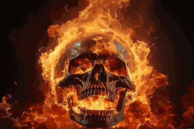 Vector cráneo en llamas fuego emite partículas sobre fondo negro fuego enciende el fondo