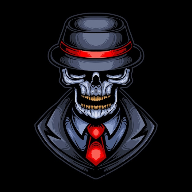 cráneo mafia gángster cabeza vector ilustración diseño con sombrero, capa y corbata
