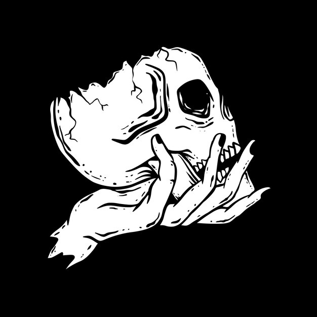 Cráneo mano arte Ilustración dibujado a mano vector blanco y negro para tatuaje, pegatina, póster, etc.