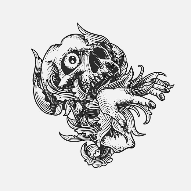 Cráneo y mano Ilustración vectorial dibujada a mano en estilo tatuaje