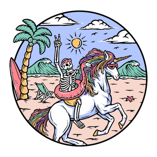 cráneo montando un unicornio en la ilustración de la playa