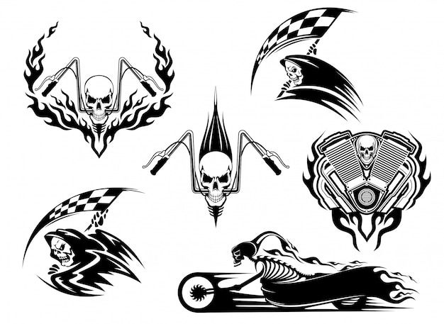 Cráneo, motocicleta y conjunto de iconos tribales