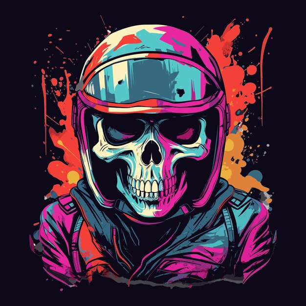 Cráneo de motociclista con casco en un estilo retro colorido Arte vectorial imprimible para tazas de camisetas