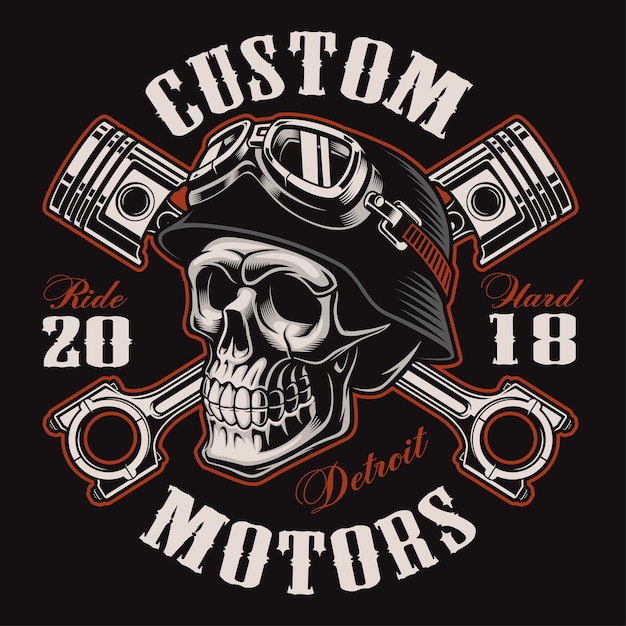 Cráneo de motociclista con pistones cruzados. Gráfico de la camisa. Todos los elementos, colores, texto (curvos) están en la capa separada. (VERSIÓN COLOR)