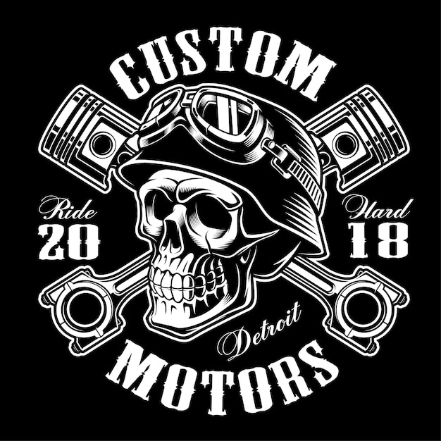 Vector cráneo de motociclista con pistones cruzados. gráfico de la camisa. todos los elementos, colores, texto (curvos) están en la capa separada. (versión monocromo)