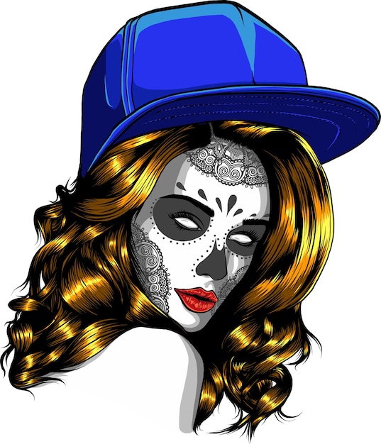 Cráneo de mujer de azúcar con sombrero ilustración vectorial dibujo a mano digital