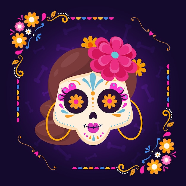 Cráneo de mujer de México para la fiesta religiosa Dia de Los Muertos