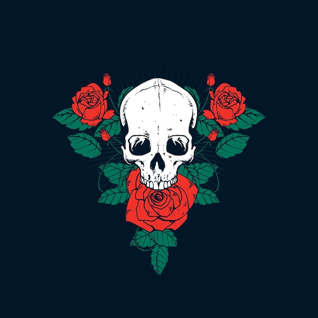 Un cráneo y una obra de arte de flores de rosa.
