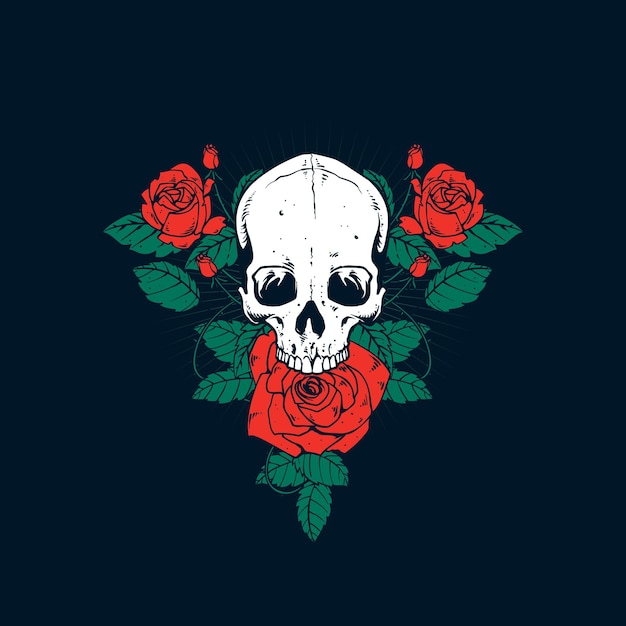 Vector un cráneo y una obra de arte de flores de rosa.