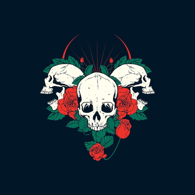 Vector un cráneo y una obra de arte de flores de rosa.