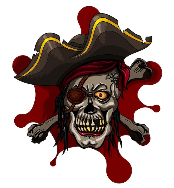 Cráneo pirata de peligro en pañuelo y tibias cruzadas para diseño de tatuaje o camiseta