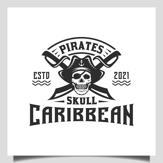 Cráneo de piratas hipster vintage con espadas cruzadas y diseño de logotipo de emblema de marinero de barco