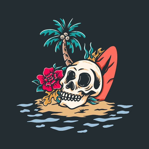 Cráneo en la playa Ilustración de diseño retro