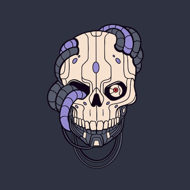 Cráneo robótico con cables y cables estilo retro futurista diseño de esqueleto vintage hueso de la cabeza espeluznante horror espelaznante ficción muerta tarjeta cuadrada de cyborg encantada ilustración gráfica vectorial dibujada a mano