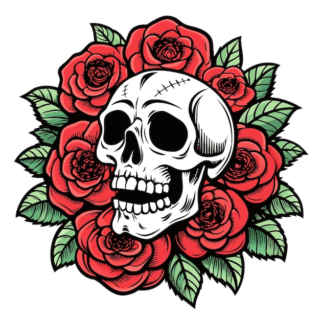 un cráneo y rosas con un cráneo en él