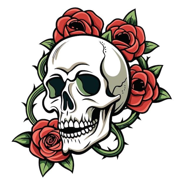 Un cráneo con rosas en él y un cráneo con una corona de rosas rojas