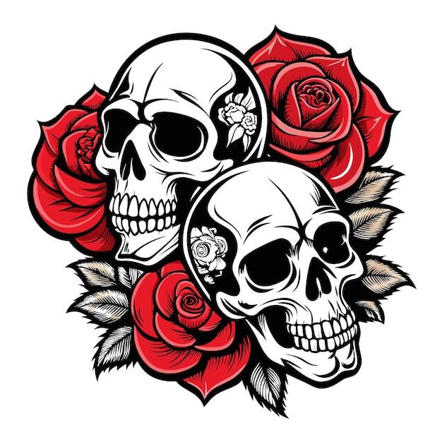 un cráneo y rosas están en un fondo blanco