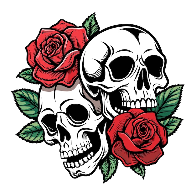 un cráneo y rosas están en un fondo blanco