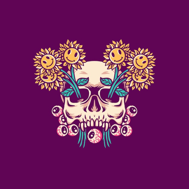 Vector cráneo, sol, flores, ilustración