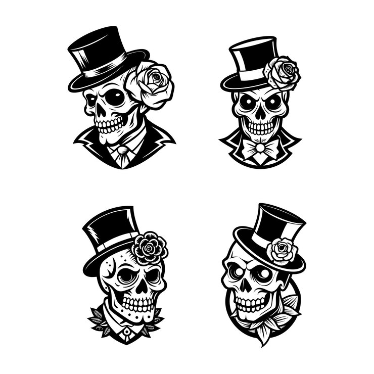 Vector un cráneo con un sombrero de copa y una rosa svg
