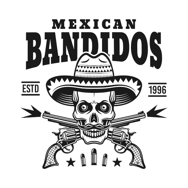 Cráneo en sombrero sombrero y emblema de dos pistolas cruzadas