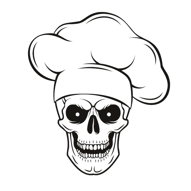 Cráneo sonriente en sombrero de chef cráneo de chef de dibujos animados ilustración vectorial