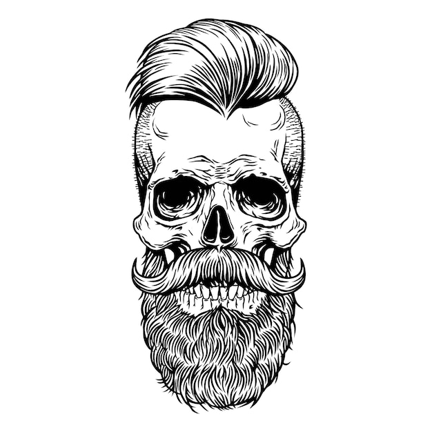 Cráneo tatuaje bigote barba Hipster Dibujado a mano línea arte diseño imprimir camisa, póster, textiles,