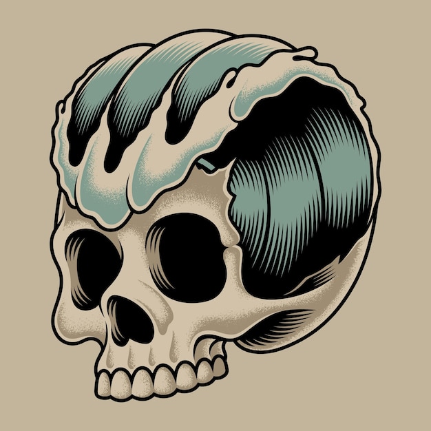 Cráneo con temática de surf de ilustración vectorial