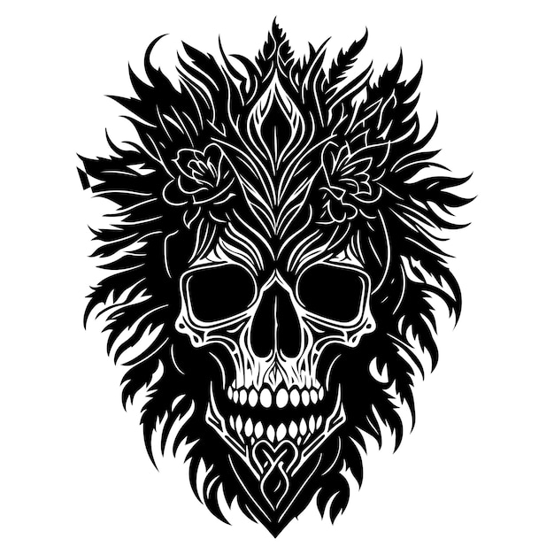 Cráneo tribal decorativo con diseño floral vector de contorno negro sobre fondo blanco