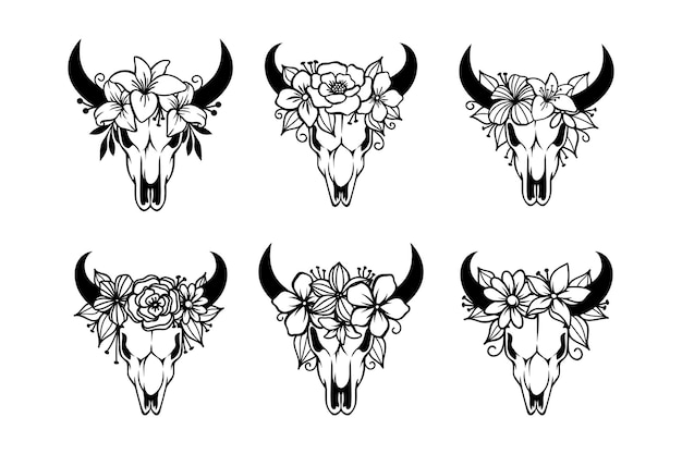 Cráneo de vaca con cuernos decorado con flores.
