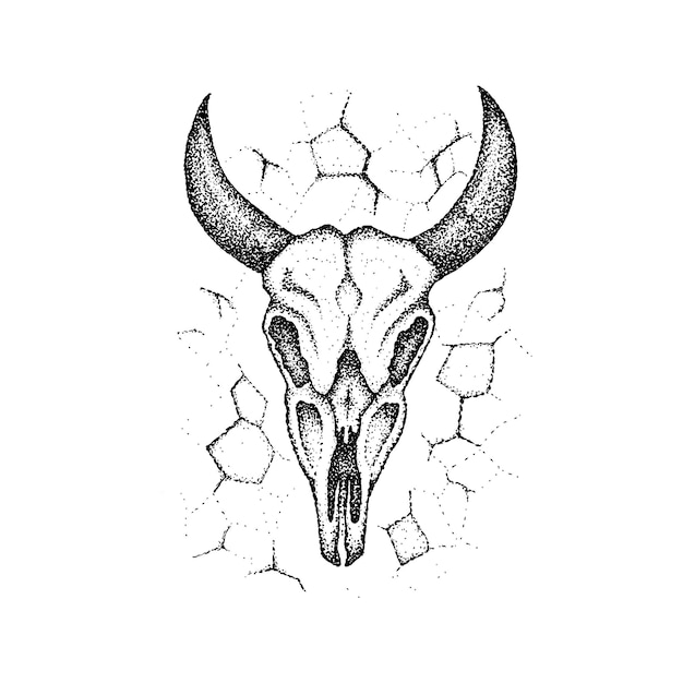 Cráneo de vaca quemada dotwork. ilustración de vector de diseño de camiseta. boceto dibujado a mano del tatuaje.