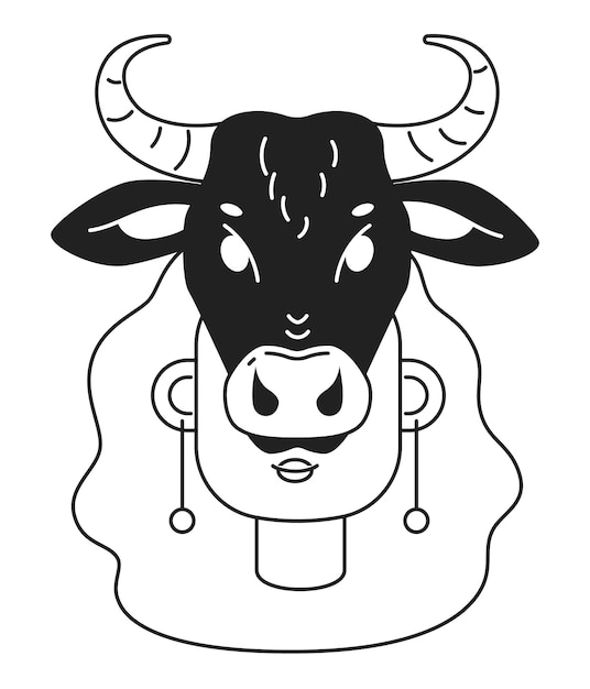 Cráneo de vaca en rostro de mujer monocromo plana cabeza de personaje lineal misterio zodíaco afro mujer contorno editable dibujo a mano icono de rostro humano icono de dibujos animados 2D punto vector avatar ilustración para animación