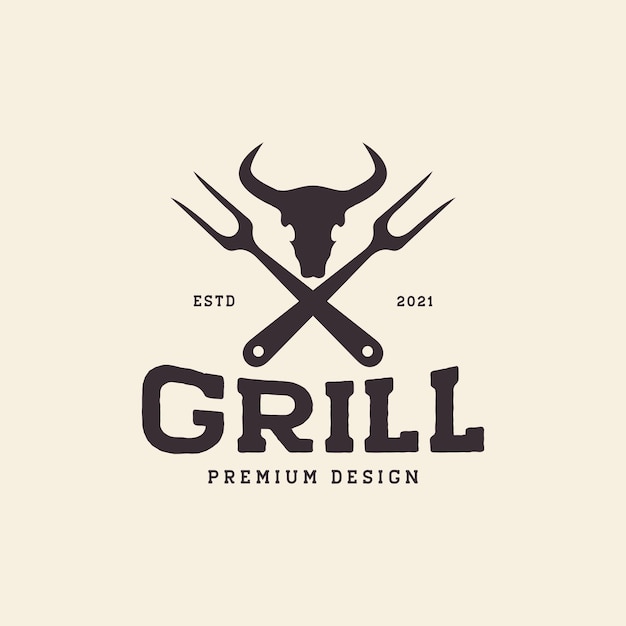 Cráneo de vaca con tenedor para asar a la parrilla diseño de logotipo vintage vector símbolo gráfico icono signo ilustración