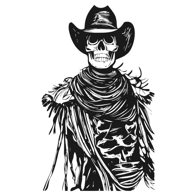 Vector cráneo vaquero dibujado a mano vector blanco y negro imágenes prediseñadas