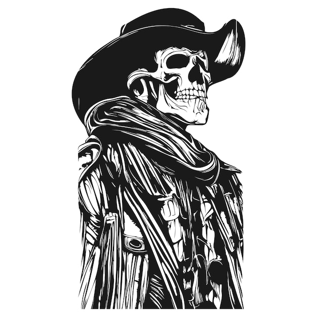 Vector cráneo vaquero tatuaje dibujado a mano vector blanco y negro imágenes prediseñadas