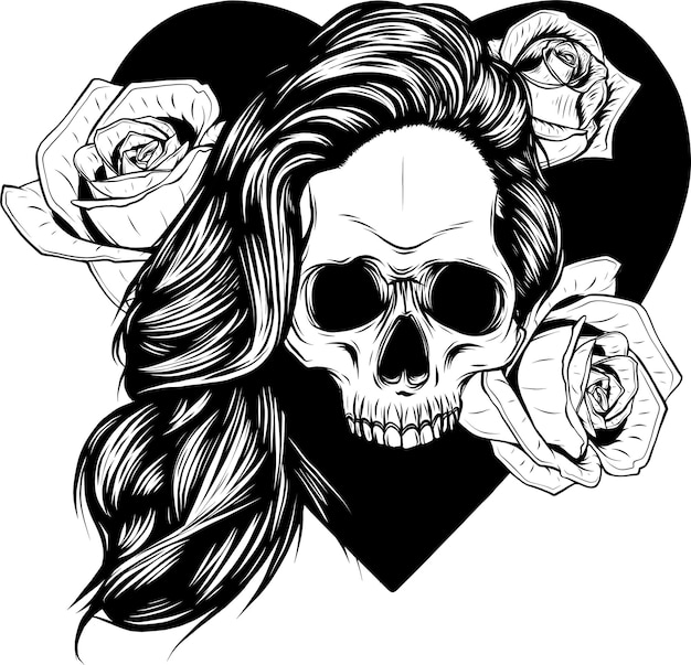 Vector cráneo vectorial con flores contorno de cabeza muerta aislada en fondo blanco