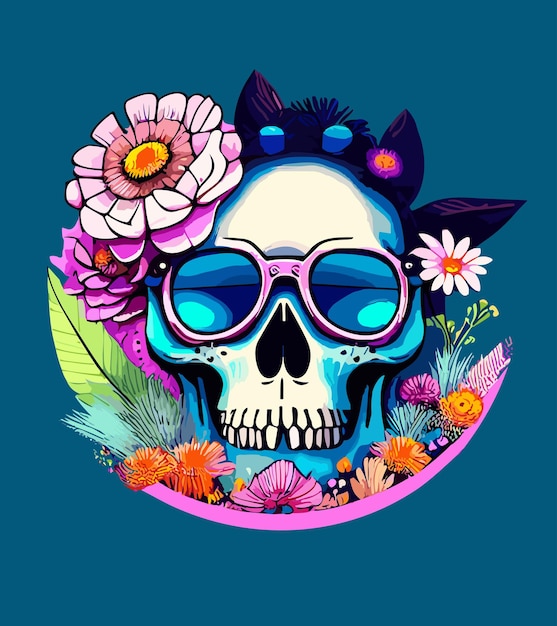 Vector cráneo vectorial con ilustración de dibujos animados de flores