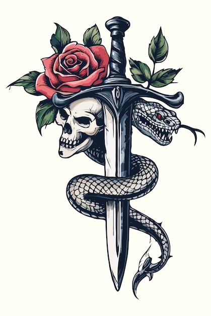 Vector cráneo vectorial libre con flor y serpiente concepto de tatuaje vintage de colores.