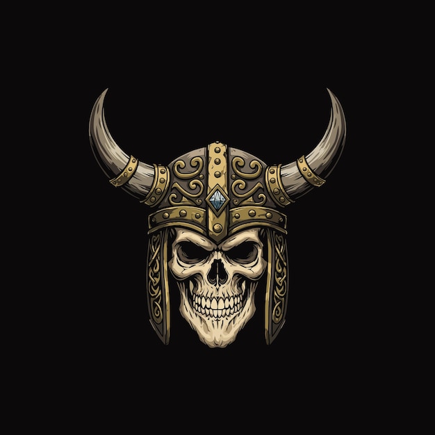 Cráneo vikingo con casco adornado Un diseño ilustrativo oscuro