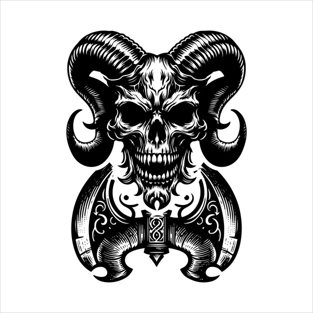 cráneo vintage con diseño vectorial de cuerno y hacha monocromático