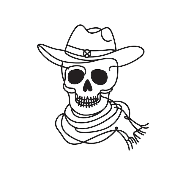 Cráneo vintage monocromático con sombrero de vaquero dibujo de línea continua Ilustración vectorial