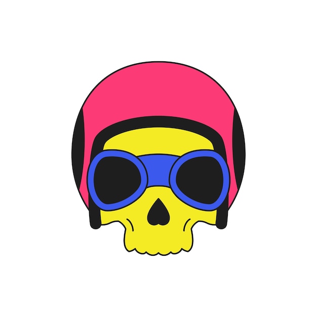cráneo Y2K con gafas y casco de motocicleta icono de estilo groovy psicodélico ilustración plana vectorial de Halloween esqueleto motociclista cómic personaje de dibujos animados surrealista pegatina de moda para la impresión de camiseta aislada